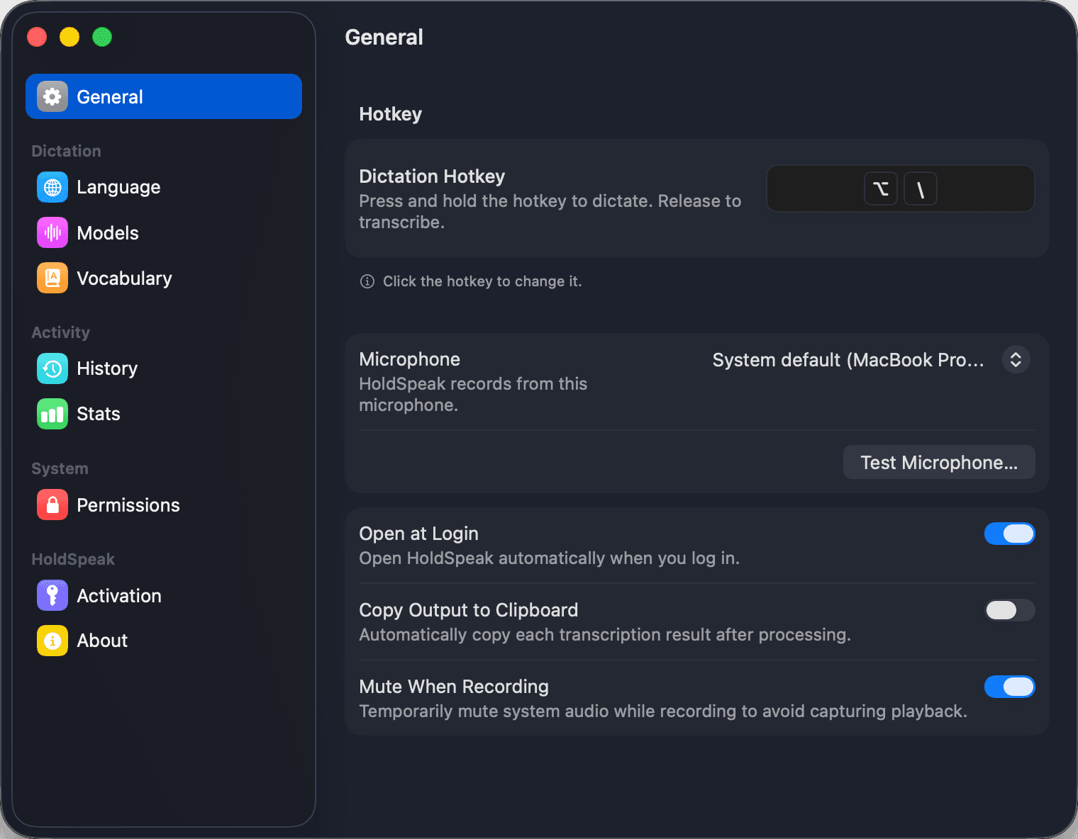 HoldSpeak general settings: hotkey and behavior options